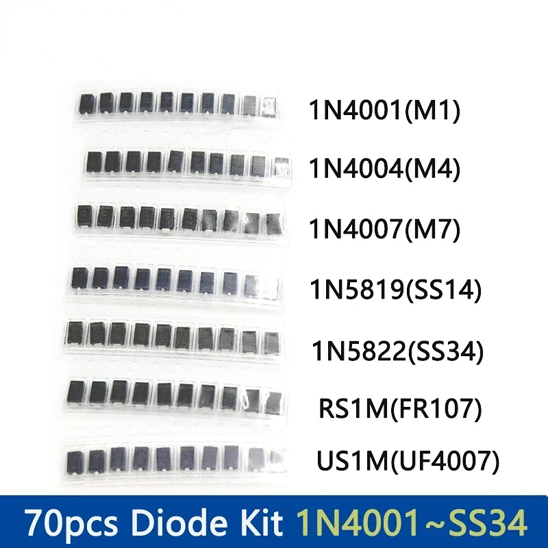 70PCS SMD Diodes 1N4001 M1 1N4004 M4 1N4007 M7 SS14 1N5819 SS34 SR340  US1M RS1M Schottky Diode 7 Values*10pcs Electronic Kit image 5