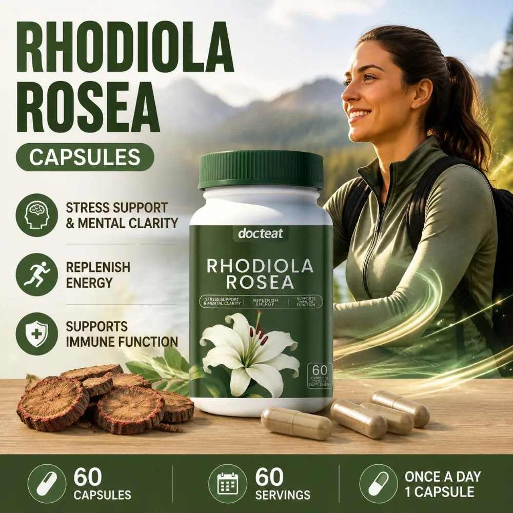 Docteat Rhodiola Rosea Extract 500mg Capsules with 3% Salidrosides for Stress Mental Clarity & Energy Support Adults 60 Capsules