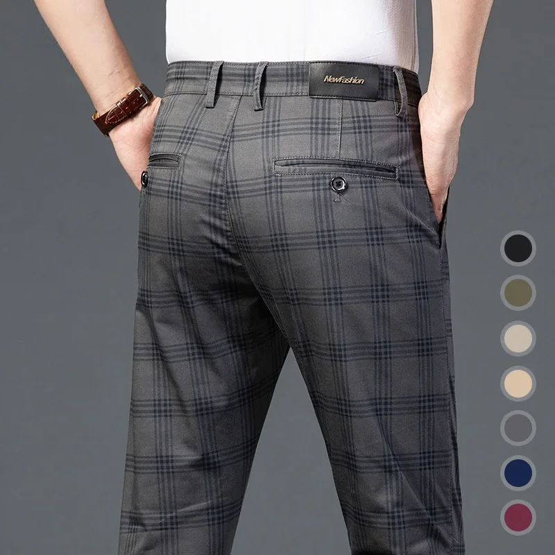 

Brand Men's Stripe Plaid Casual Pants Men Cotton Four Seasons High Quality Business Trousers Men's Slim Dark gray Straight Pant