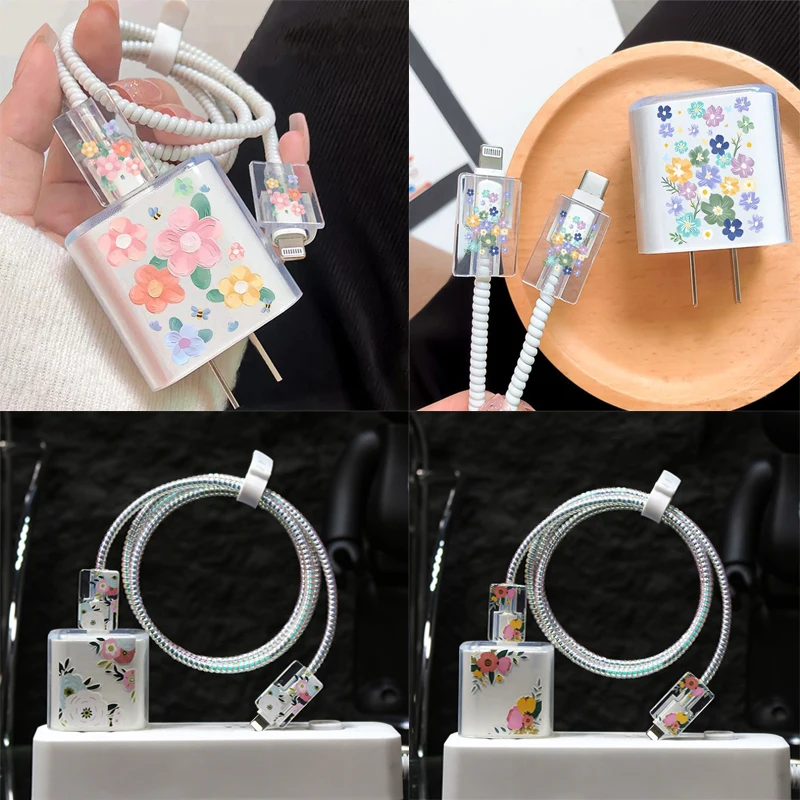 Cute Flower Charging Head Protective Cover For Iphone 18W/20W Office Accessories Mobile Phone Charger Case Data Cable Protector