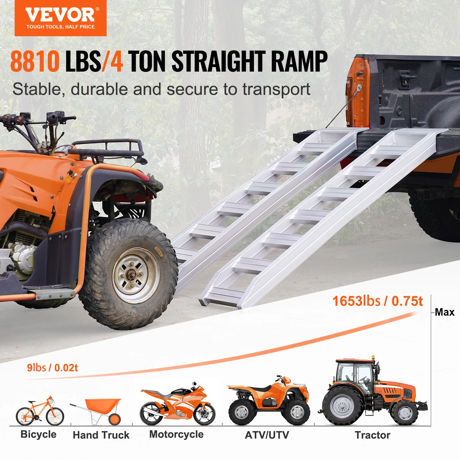 VEVOR Aluminum Ramps,1250/1500/8810lbs,Straight Ramp with Treads and Load Straps, Portable Loading Ramp for Motorcycles,Trucks
