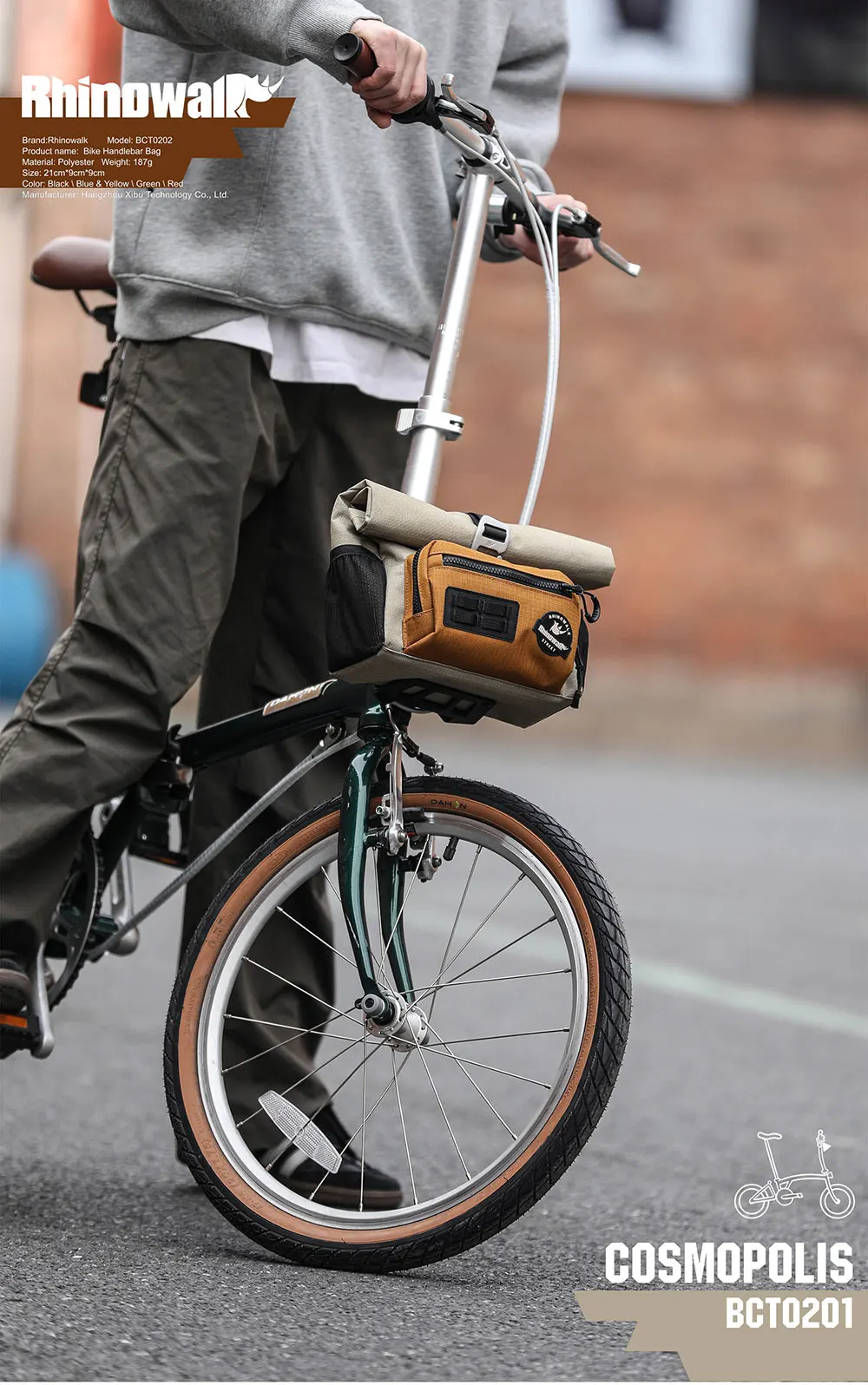 Rhinowalk Fahrrad-Lenkertasche, Schnellverschluss, mit Regenschutz, Schultergurt für Brompton Faltrad, Schultertasche, urbanes Radfahren – Detail 2