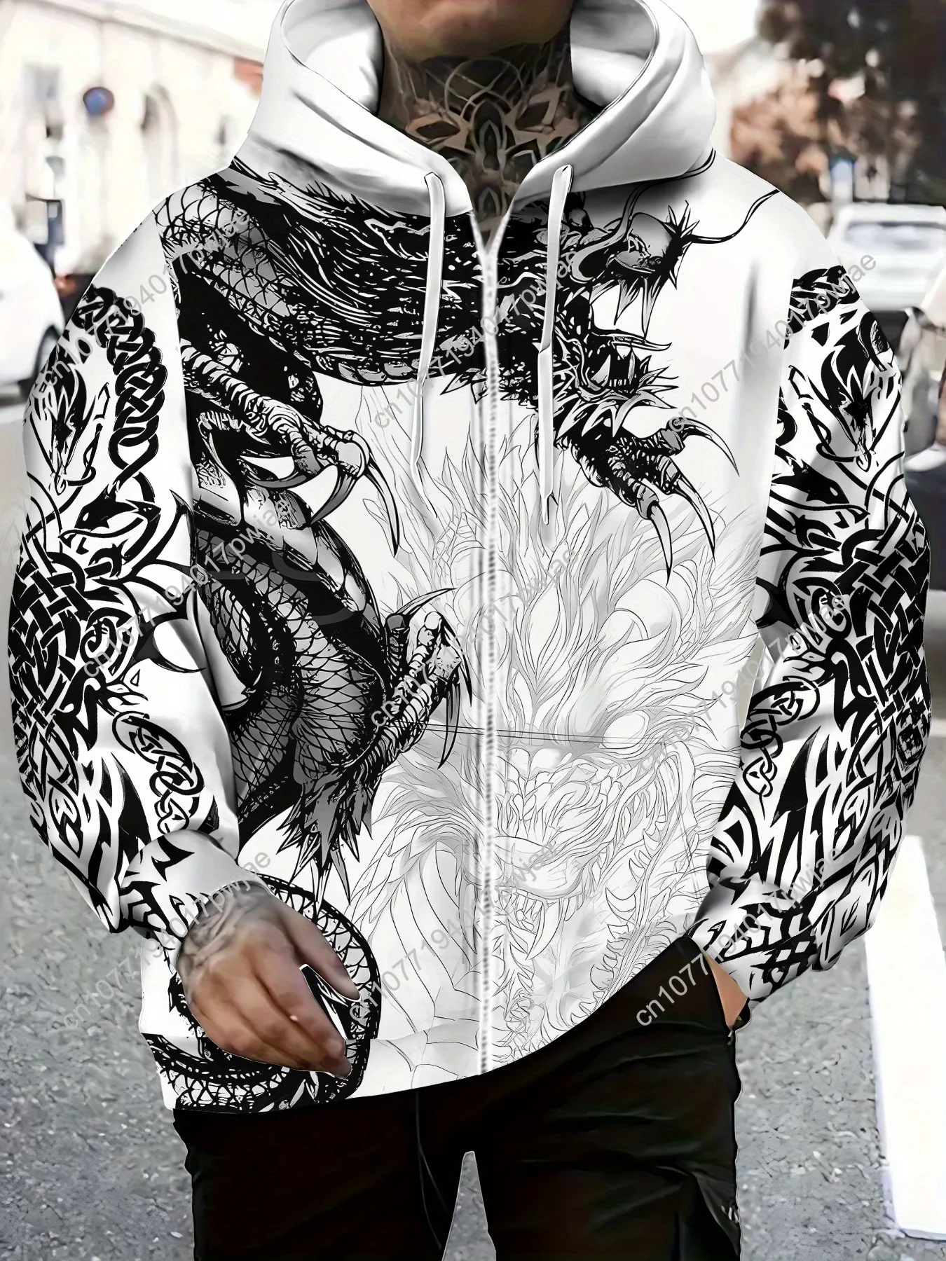 Мужская куртка с капюшоном на молнии с принтом дракона — теплое зимнее пальто с геометрическим рисунком, повседневная верхняя одежда обычного кроя для улицы, машина