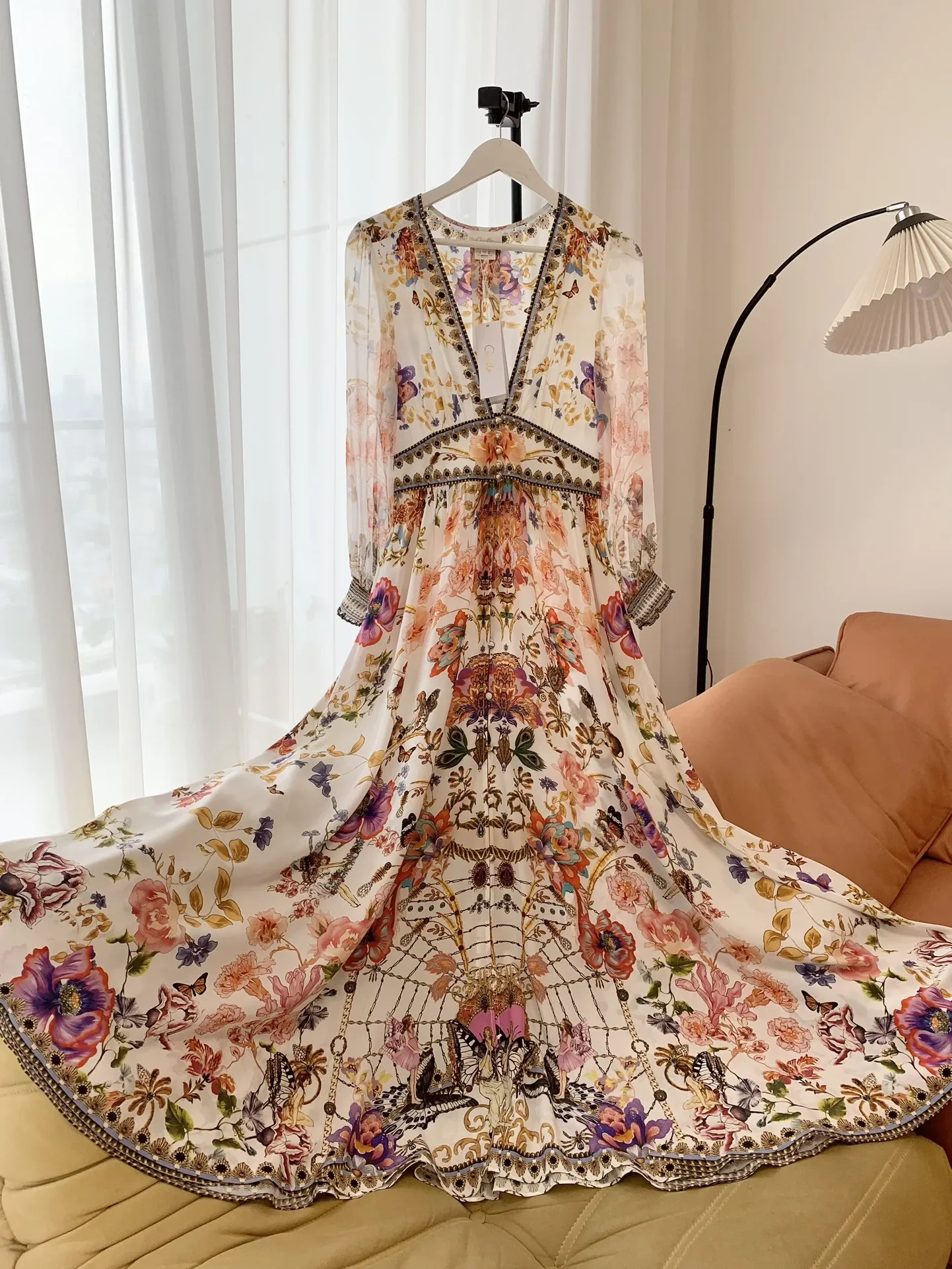 

Women Colorful Flower Printed V-Neck Beaded Big Swing 100% Silk Long Dress