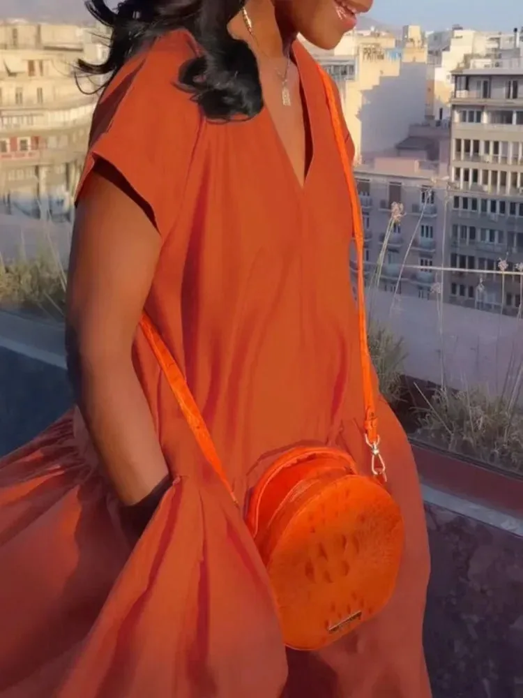 Yeezzi Damskie Letnie Pomarańczowo-Zielone Sukienki Maxi z Dekoltem w Serek, Luźne, Nowość na Lato 2025, Krótkie Rękawy, Kieszenie, Wakacyjna Sukienka Boho z Plisami