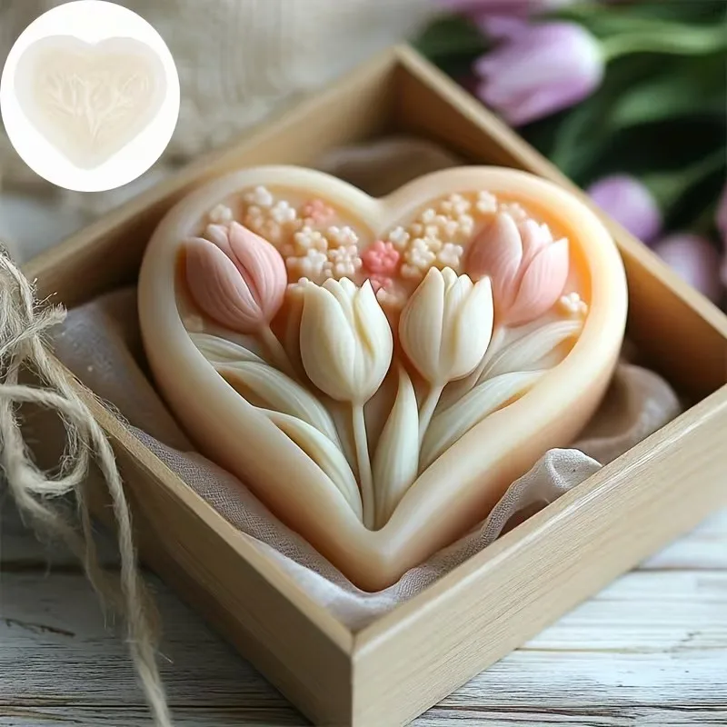 3D heart-shaped tulip silicone mold with clear texture, easy to clean and demould, for handmade DIY soap decoration ornaments Va view 3