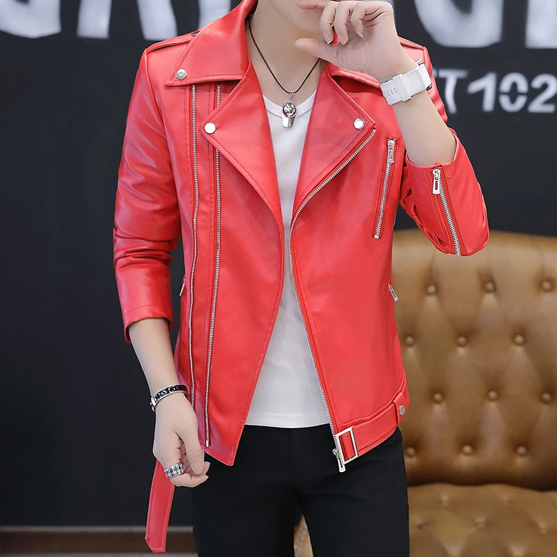 New Men\'s Leather Jacket, Handsome and Personalized Red Leather Jacket, Fashionable and Versatile Rivet Motorcycle Style Jacket, Red White Black