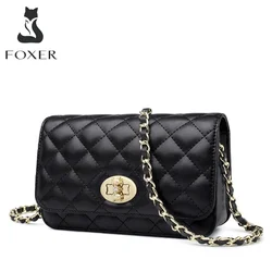 FOXER Lattice Women Messenger Bag Designer Chain Shoulder Bag Split Leather Female Classical Crossbody Bag Lady Stylish Flap Bag