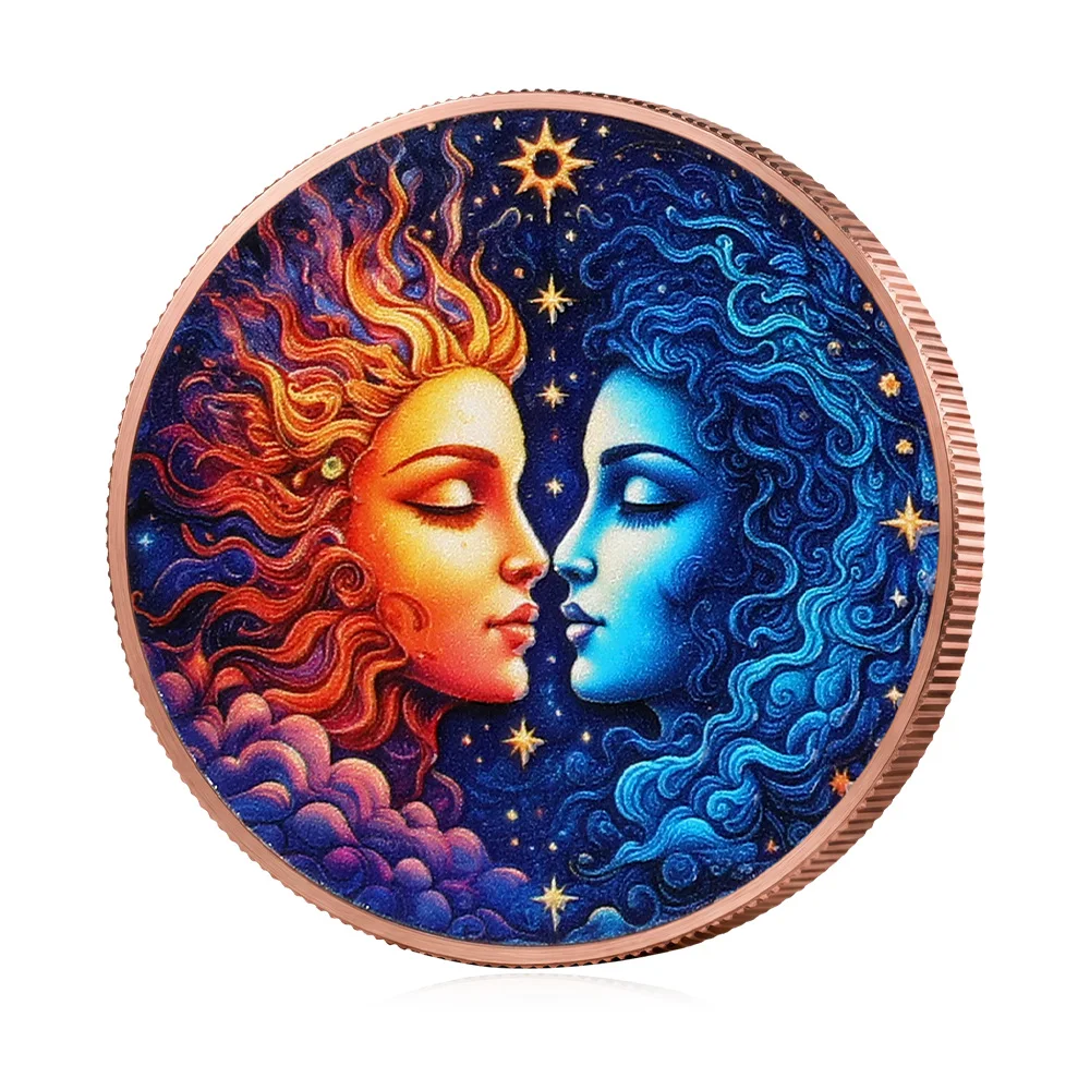 1oz .999 Fine Copper Sun Moon Face Coin Red Blue Colorized High Relief 3D Celtic Double Flame Collectible Spring Autumn Gift