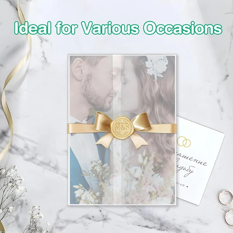 Wedding Invitations Wraps Set Include 100Pc Pre Folded Vellum Jackets For 5X7, Gold Self Adhesive