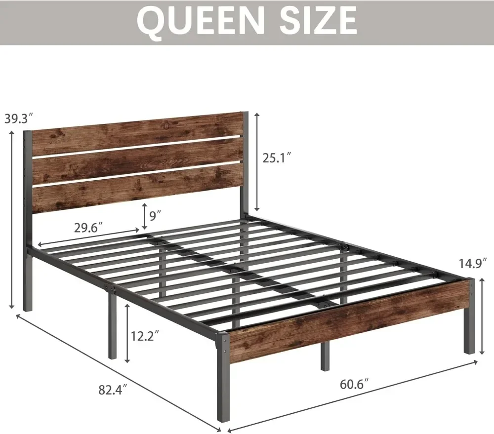 Rustic Bed Frame with Headboard and Footboard, with Under Bed Storage, All-Metal Support System, Easy Assembly,Queen Bed Frame