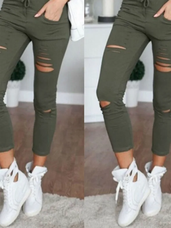 سروال رصاص عالي الخصر مع ثقوب، لون برباط، سلسلة ألوان نقية، سروال رصاص بفتحة كسر، سروال نسائي كاجوال من ألياف البوليستر #4