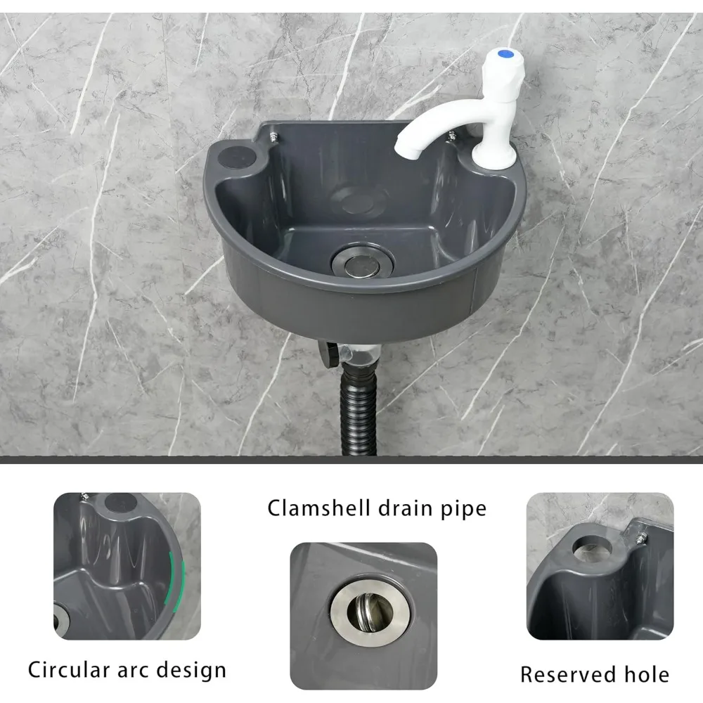 Wall Mount Adhesive Bathroom Sink No Drill Installation Mini Plastic Wash Basin with Faucet Hole for RV Home Dorm Garage