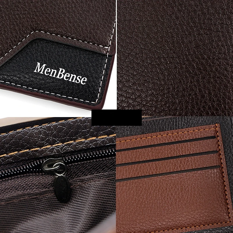 Korean Style Men's Short Wallet PU leather 2 fold Litchi Pattern Splice Zero Wallet Large Capacity Multi-card Handbag Coin Bag