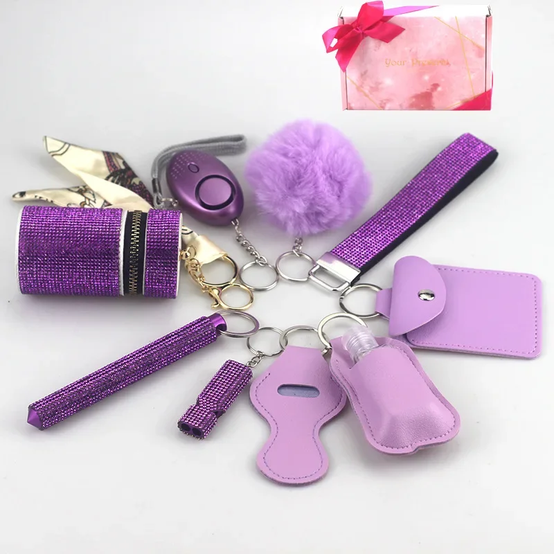 10pcs/set Daily Safety Keychain Kit with Self-defense Alarm fur Ball Pendant and Storage Bags Keychain for Women