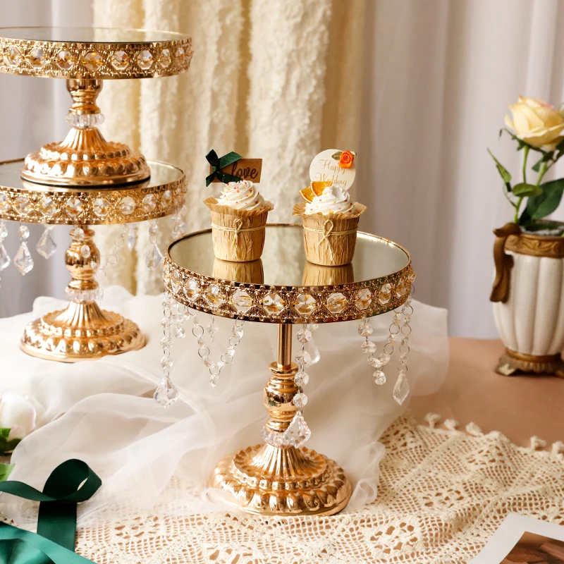 

European wedding dessert table golden mirror tall tray cake snack stand wrought iron creative display coffee break table