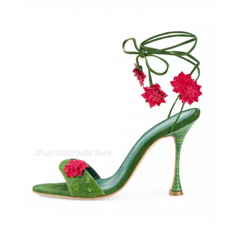 Green Flower Ankle Strap Sandals Open Toe Personality New Fashion British Style Party Dress Women Shoes 2024 Zapatos Para Mujere