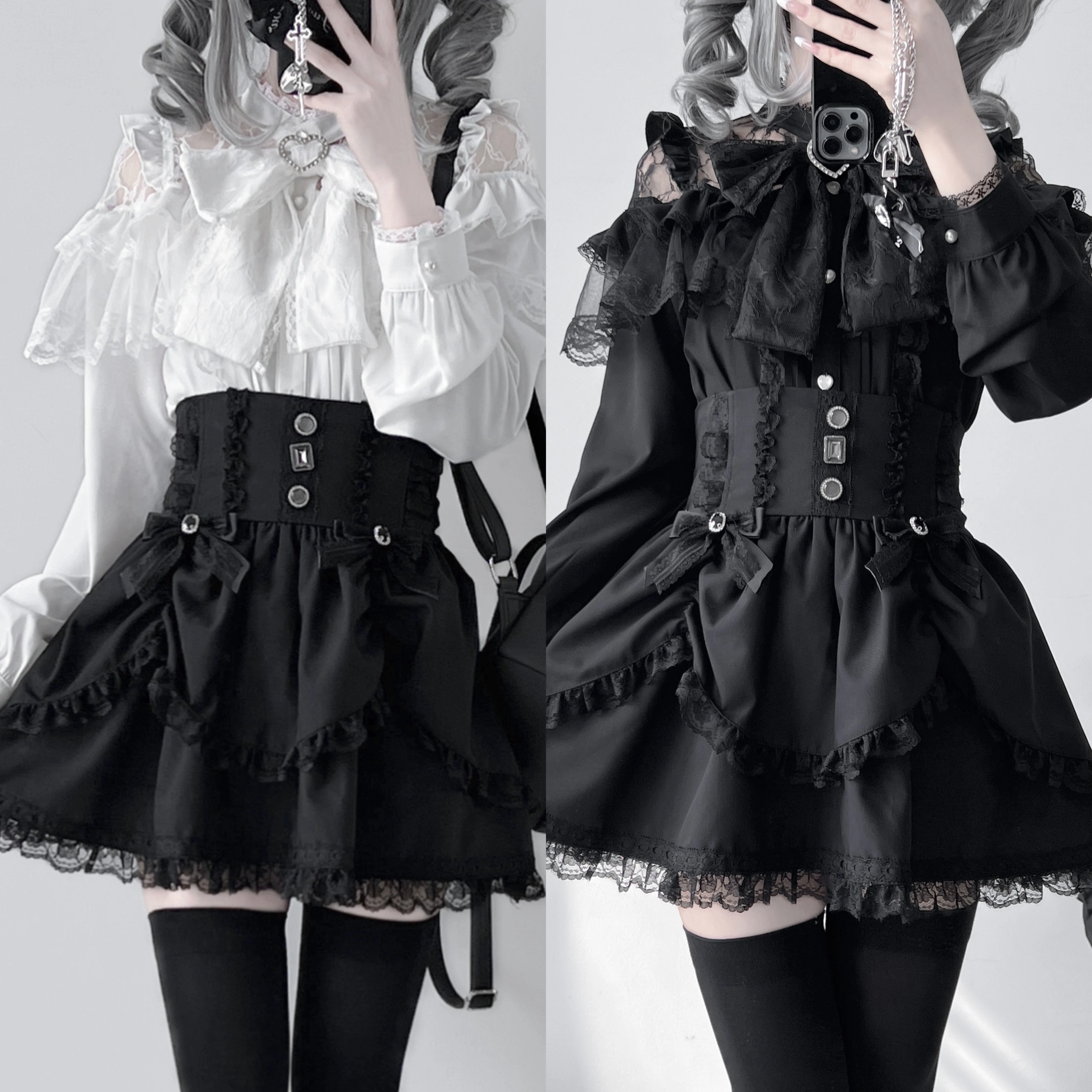 Japanese Mine Series Mass Production Shirt Women's Lace Splicing Bow Off -Shoulder Black Long Sleeve Lolita Blouses Top Skirts