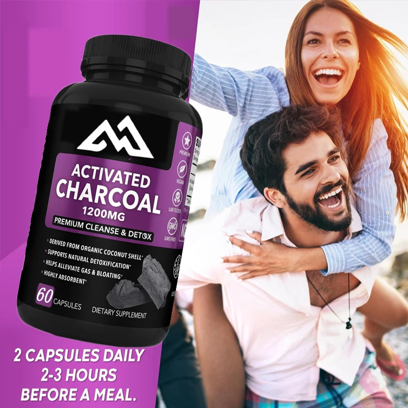 Activated carbon capsules clean and detoxify organic coconut charcoal, used to relieve stomach gas and bloating