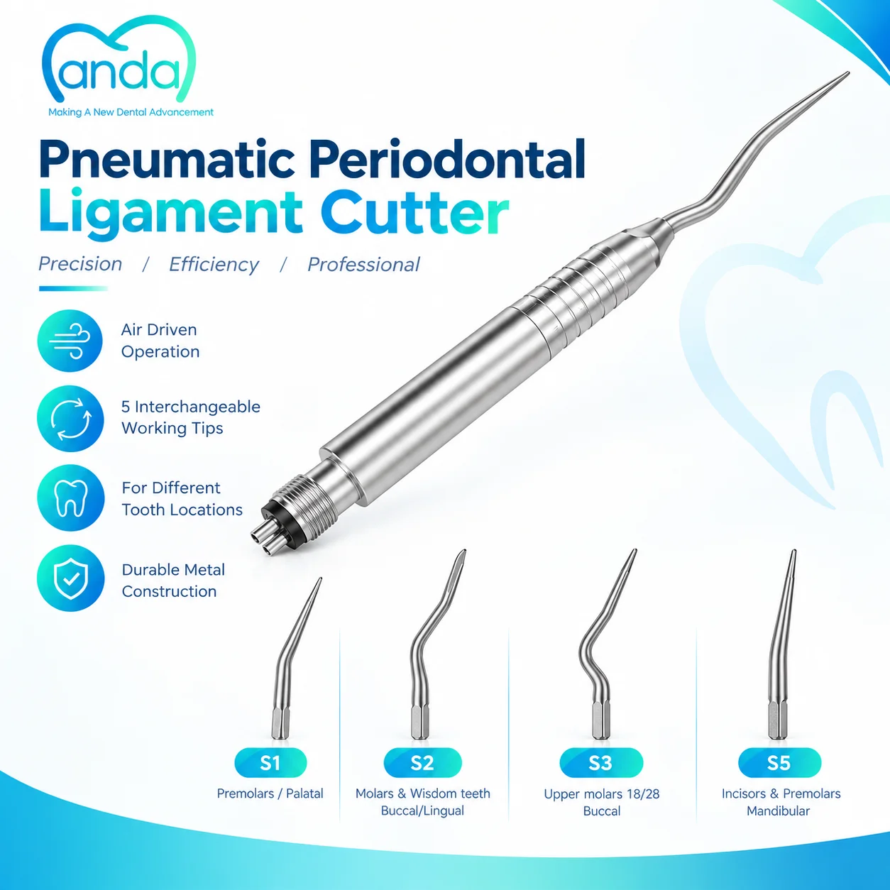 Dental Air Driven Periodontal Ligament Cutter 5Pcs Tips S1-S5 Pneumatic Dental Elevator Instrument Kit