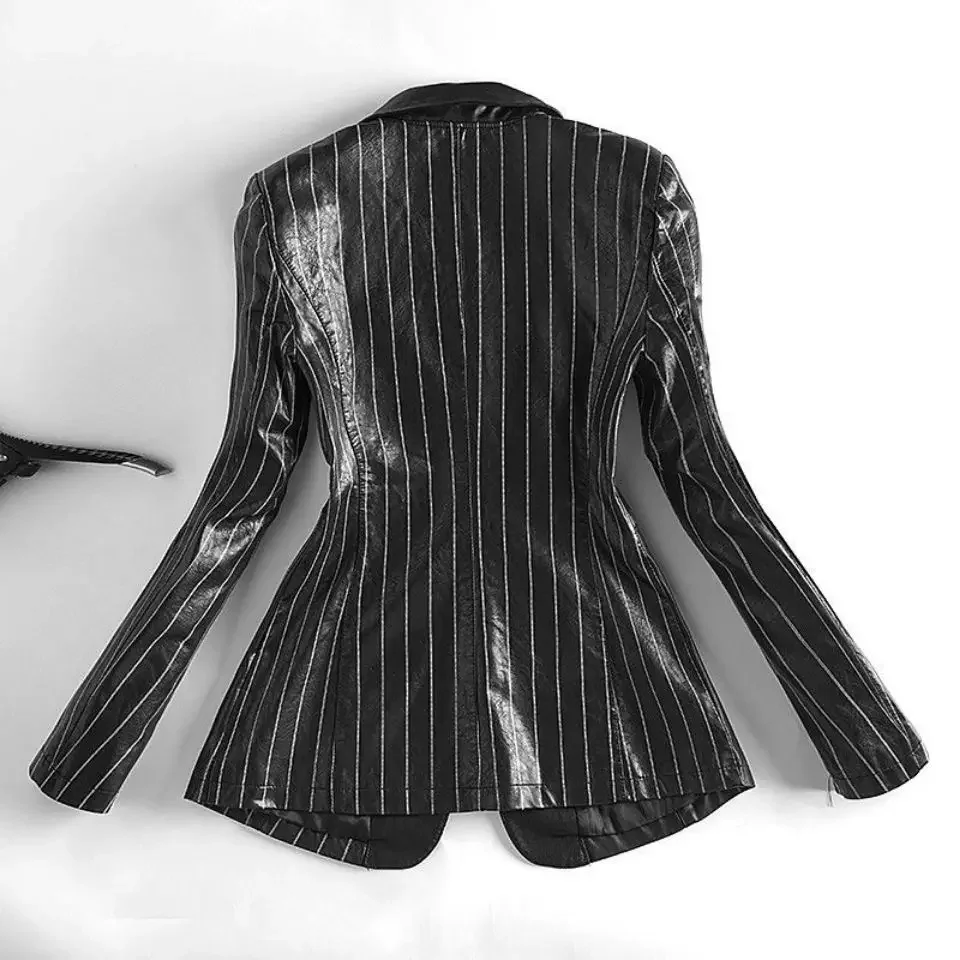 Spliced Striped Suit Leather Jacket Women Spring and Autumn Korean Slim Coat Western Motorcycle Suit Leather Jacket Black Suede