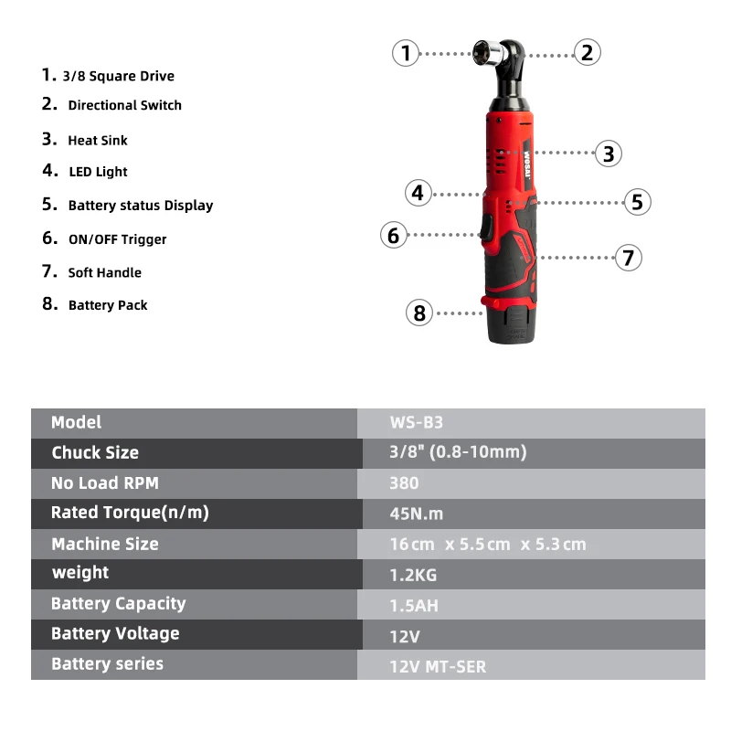 Imagem -03 - Wosai-chave Elétrica sem Fio Chave Catraca Remoção Porca Parafuso Ferramentas de Reparação do Carro Ângulo Reto Série mt 12v 45nm 8