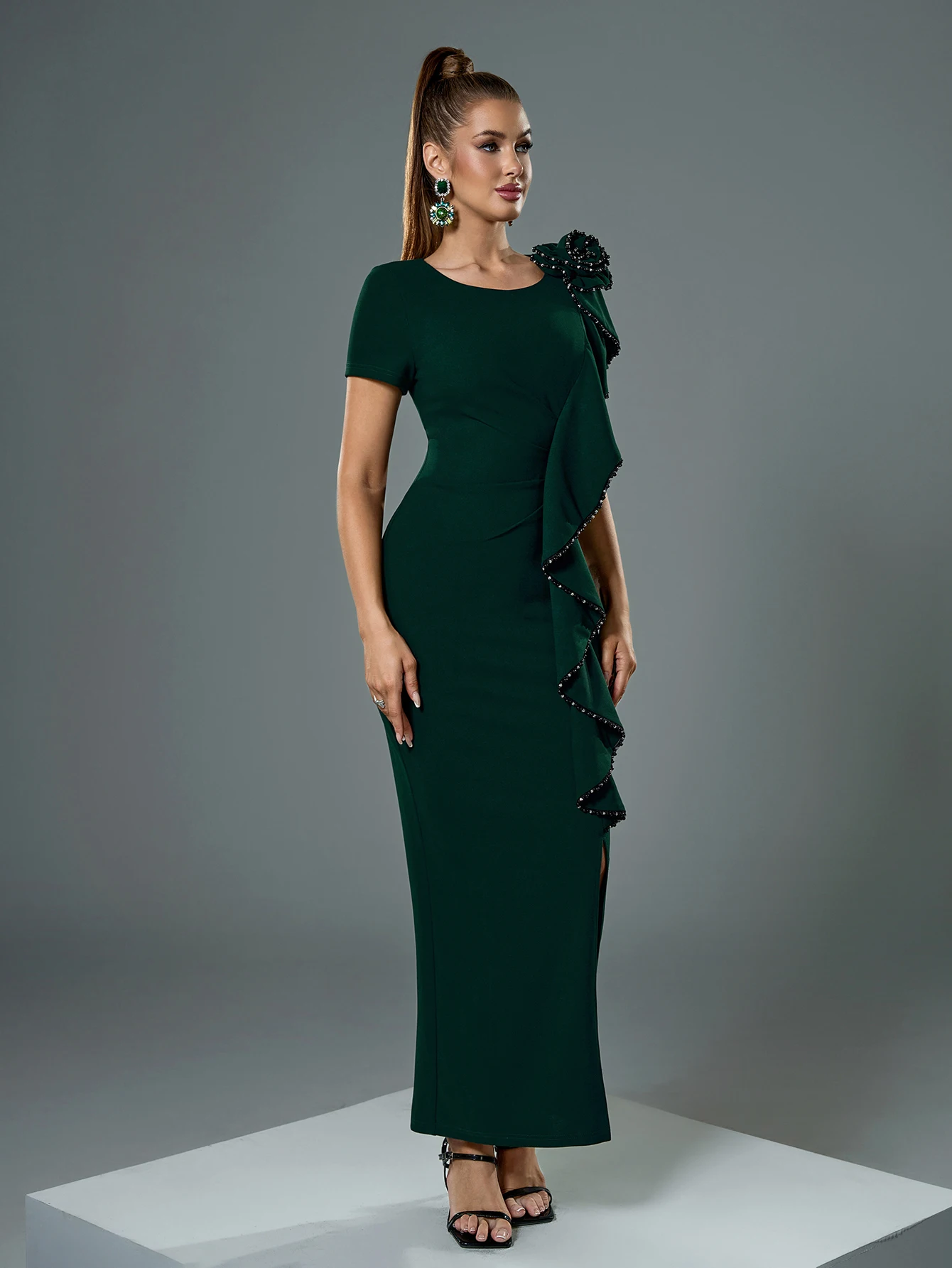 UNITHORSE جولة الرقبة قصيرة الأكمام مزين الأزهار 3D الدانتيل هملين سليم صالح ثوب أنيق مفتوح سبليت مساء اللباس #6