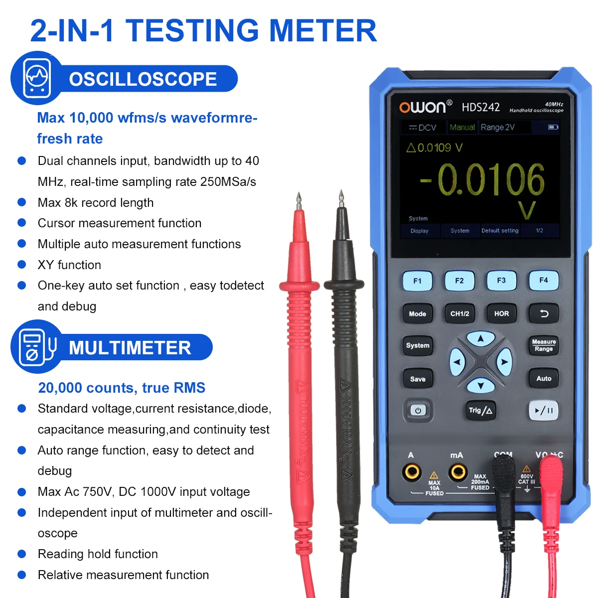 Oscilloscope numérique portable OWON HDS242 HDS242S 250MS/s 8 bits 40MHz Bande passante 2CH Générateur Multimètre True-RMS Oscilloscope