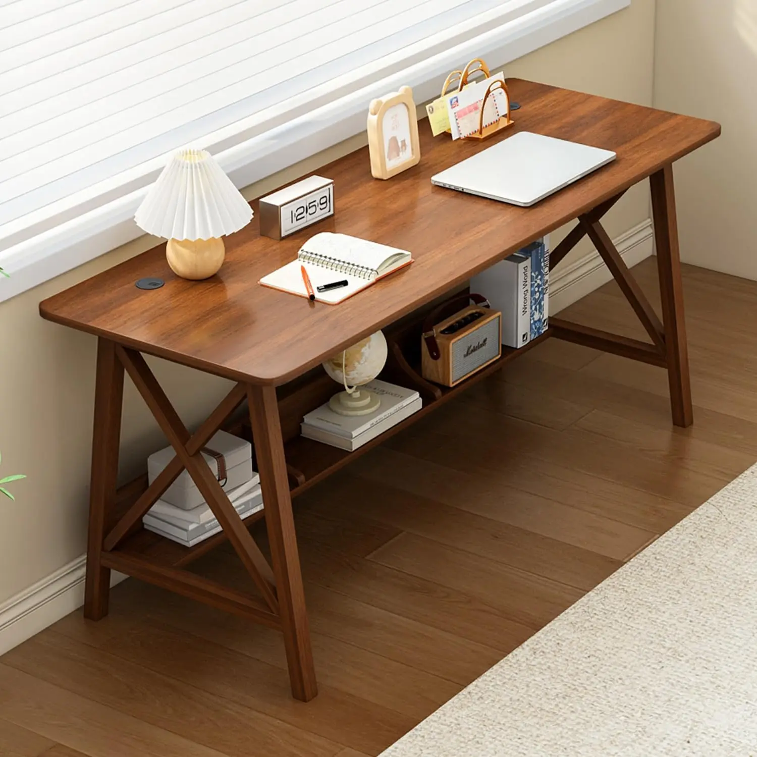 

Long Desk with Bookshelf - Wooden Home Office Work Study Table, Writing Computer Workstation with Storage Shelf in Walnut