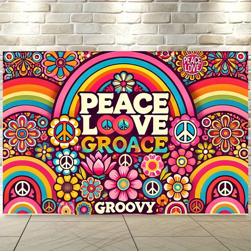 Peace Love Groovy Tapestry 60s 70s Hippie Retro Psychedelic Rainbow Flowers Peace Signs Floral Bohemian Festival MusicPartyDecor