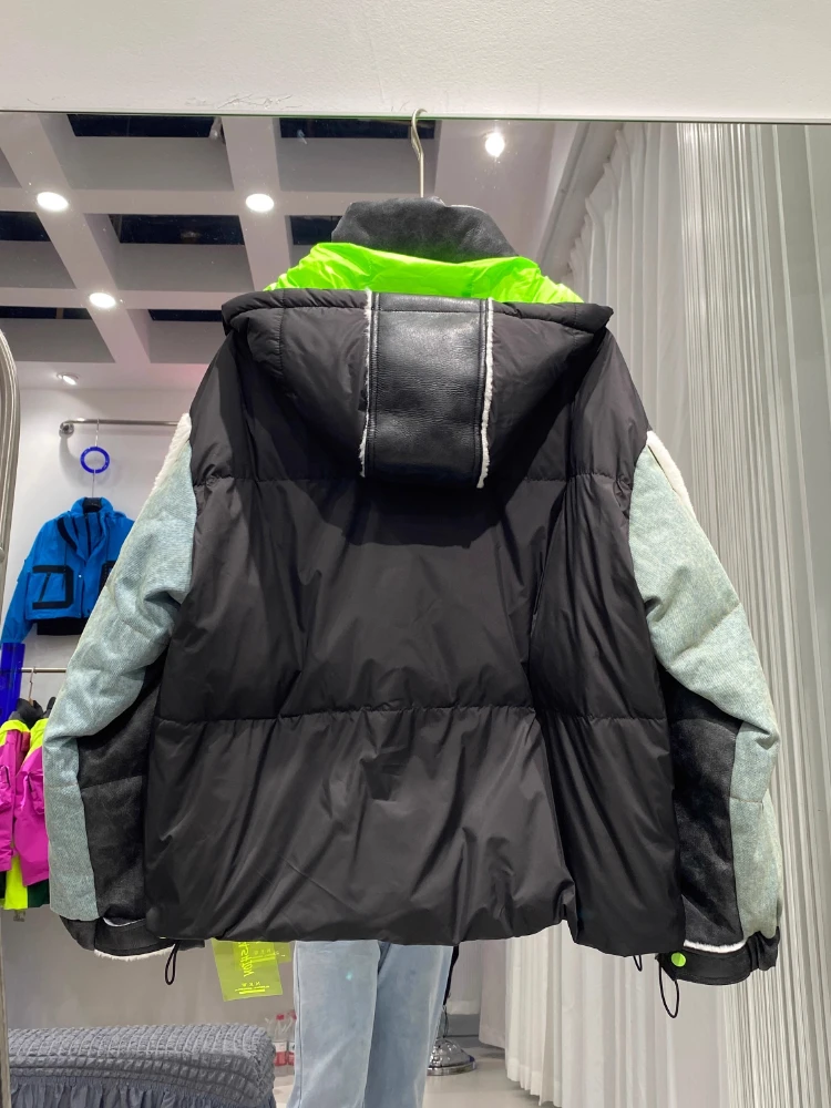 Streetwear denim contraste para baixo jaqueta moda feminina na moda destacável boné parker engrossado quente masculino e senhoras casaco de casal