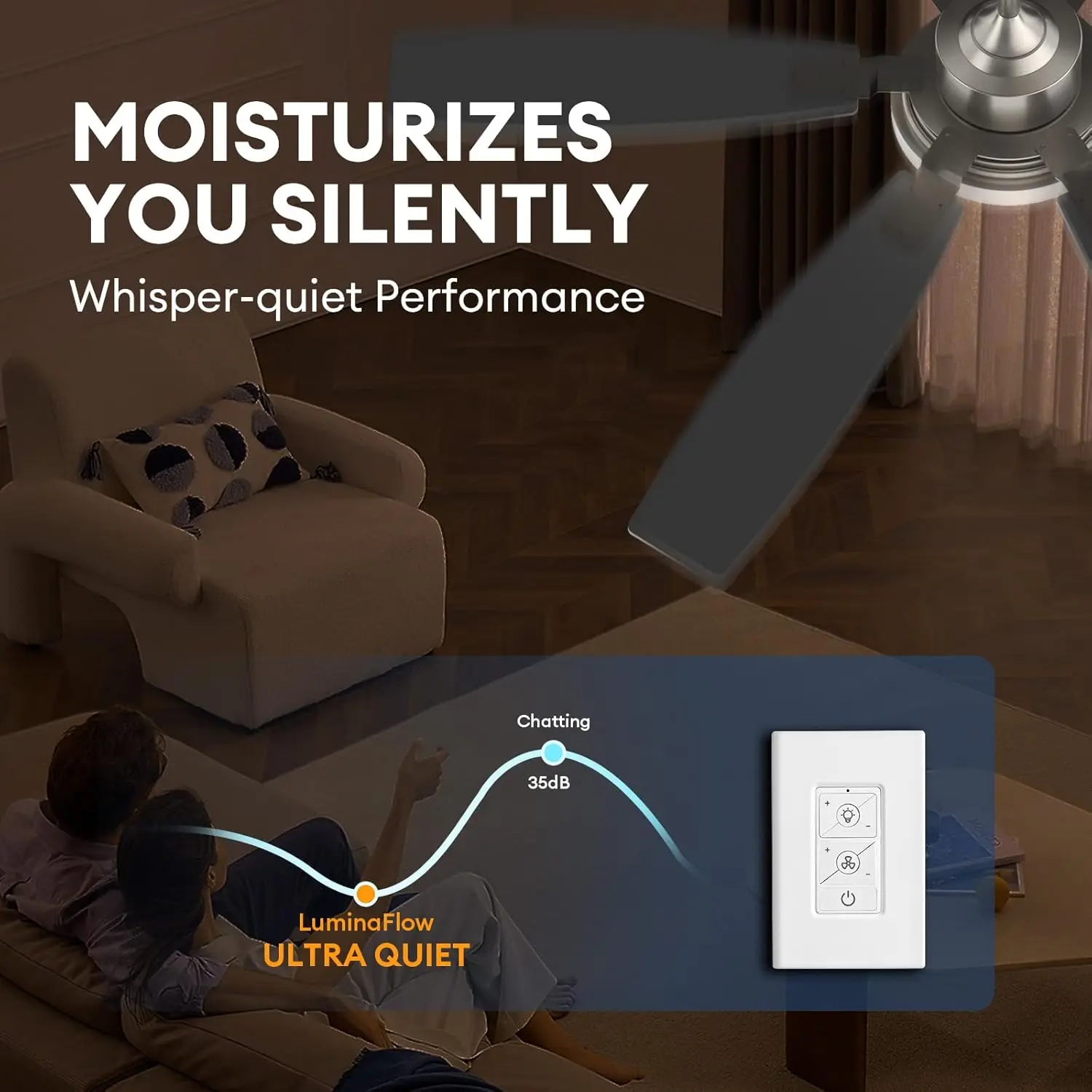 พัดลมเพดาน 60 นิ้วพร้อมไฟและการควบคุมแอพ, พัดลมเพดานนิกเกิลขนาดใหญ่พร้อมมอเตอร์ DC, พัดลมเพดาน LED โมเดิร์นสําหรับห้องนั่งเล่น