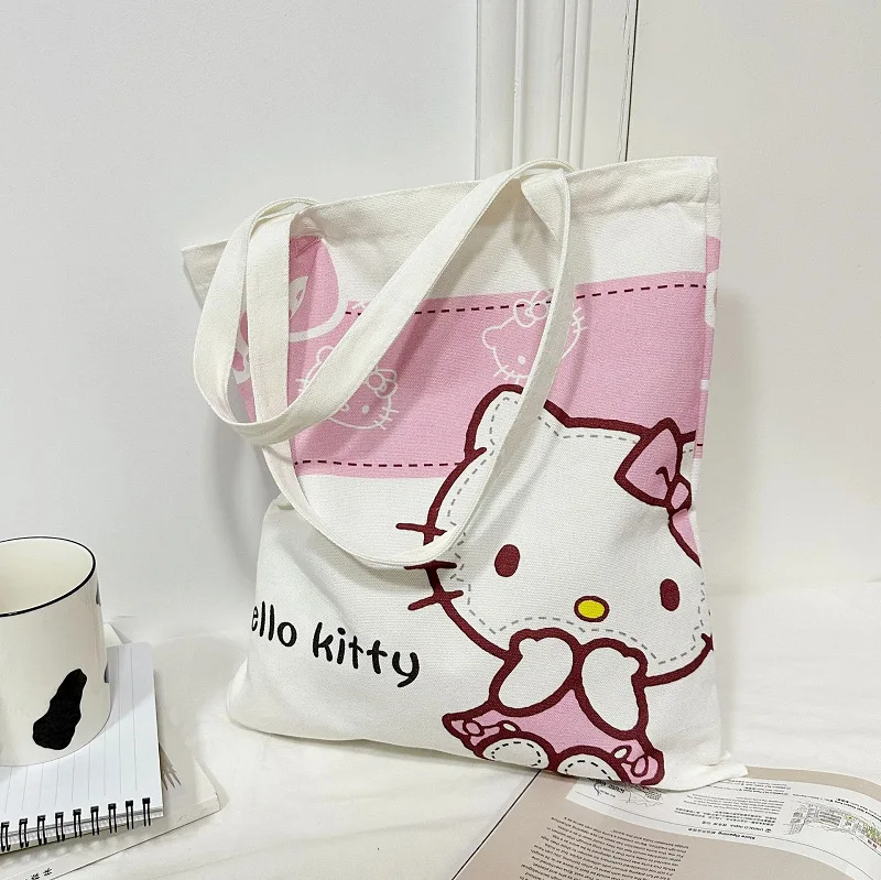 Sanrio Hello Kitty Portable Canvas Handbag Cute Cartoon Kuromi Cinnamoroll Fashion Women Shopping Casual Shoulder Bag Gifts