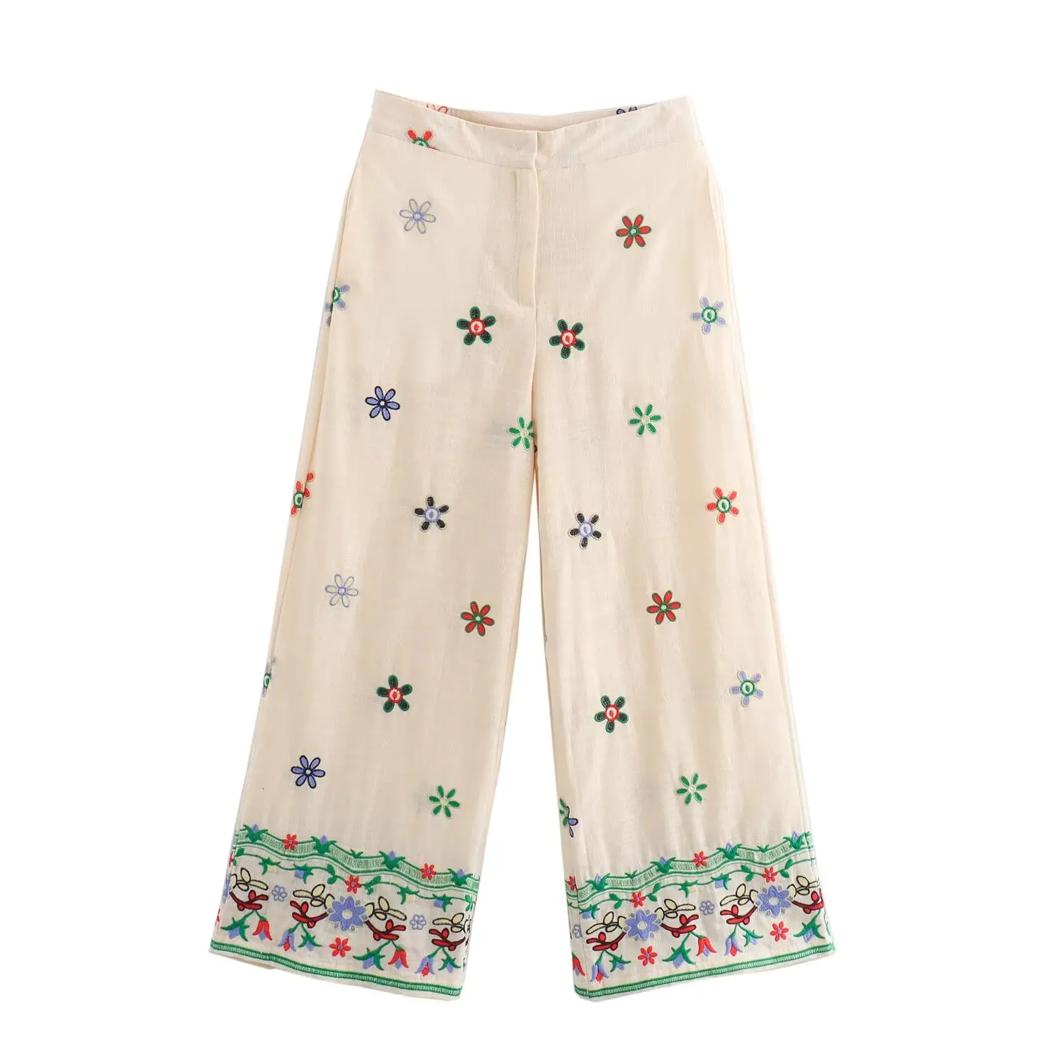 Flower Embroidered Shirt for Women Single Breasted Long Sleeved Top Comfortable and Casual Versatile Wide Leg Pants Set New