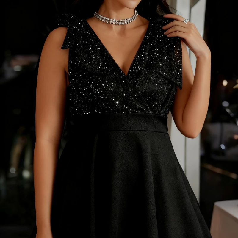 Plus Size Sexy Women's Evening Dress Large Size Bow Shiny Sequin Mesh Splice Sleeveless V-Neck Sleeveless Elegant Party Dresses