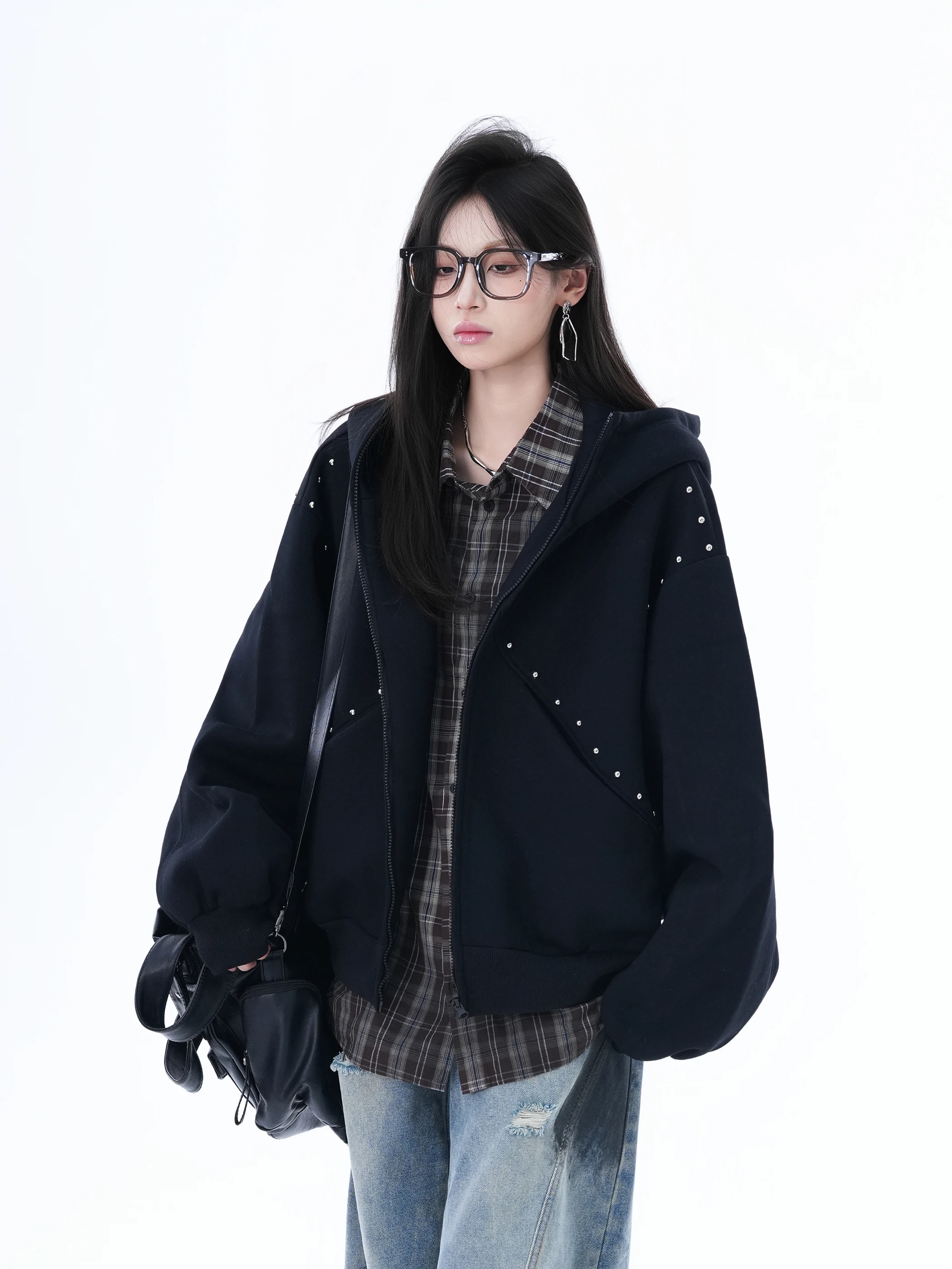 Y2K Subculture American High Street Kartun Rivet Zipper Cardigan Sweatshirt untuk Wanita Jaket Kasual Longgar Trendi