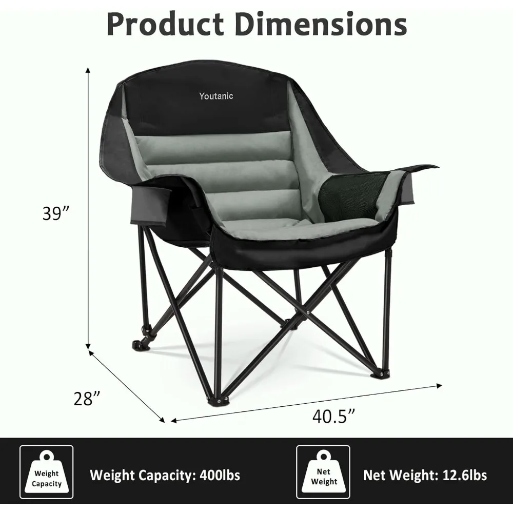 Oversized Portable Folding Camping Chairs with Side Pocket, Cup Holder and Carry Bag, Heavy Duty Outdoor Camping Chairs