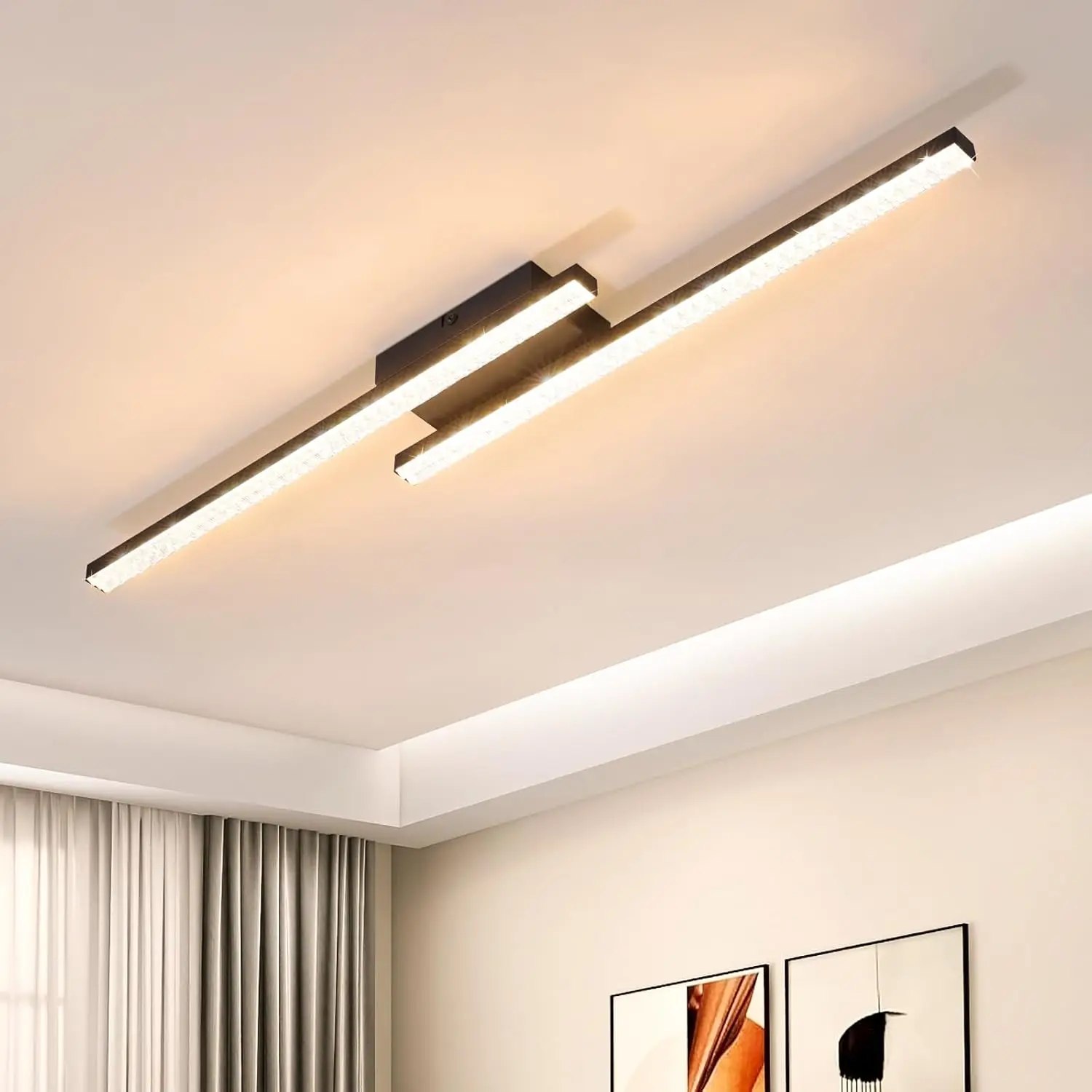 Plafonnier LED noir, lampe de couloir, lampe de plafond en cristal, 61.5cm, lampe de cuisine, 2 ampoules, moderne, 12W, lampe de chambre à coucher, blanc chaud, 3000K, pour cuisine, couloir