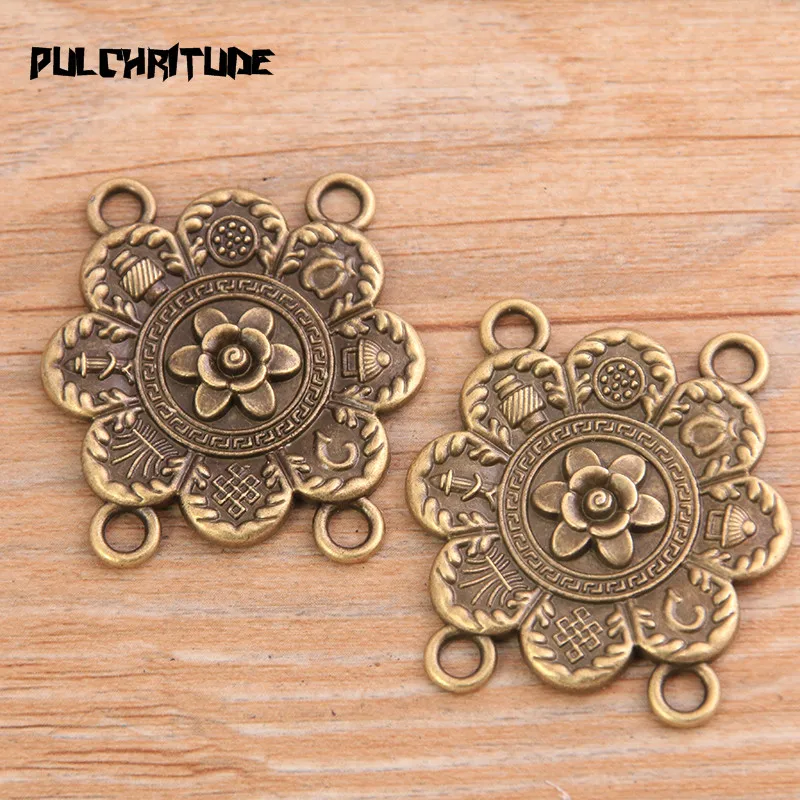 PULCHRITUDE 4pcs 35*38mm Retro Two Color Zinc Alloy Shaped Flower Pendants Connectors Linker For DIY Charm Jewelry Accessorie