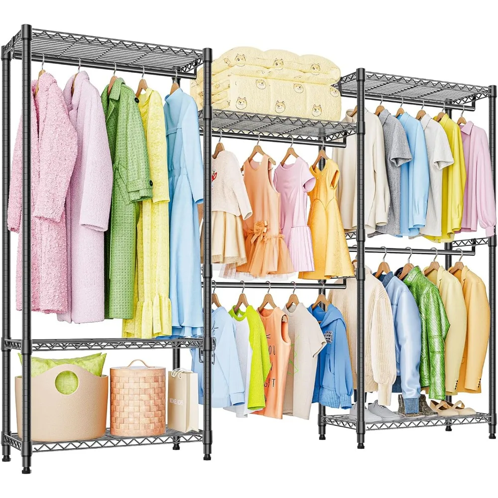 

heavy duty rolling garment rack 3 tiers adjustable wire shelving clothes rack with rods storage closet clothing rack black 15.7"