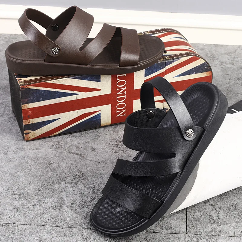 Men Black Sandals Male Driving Shoes Casual Men Shoes Soft Smooth Cow Leather Outsole Beach Shoes Coffee