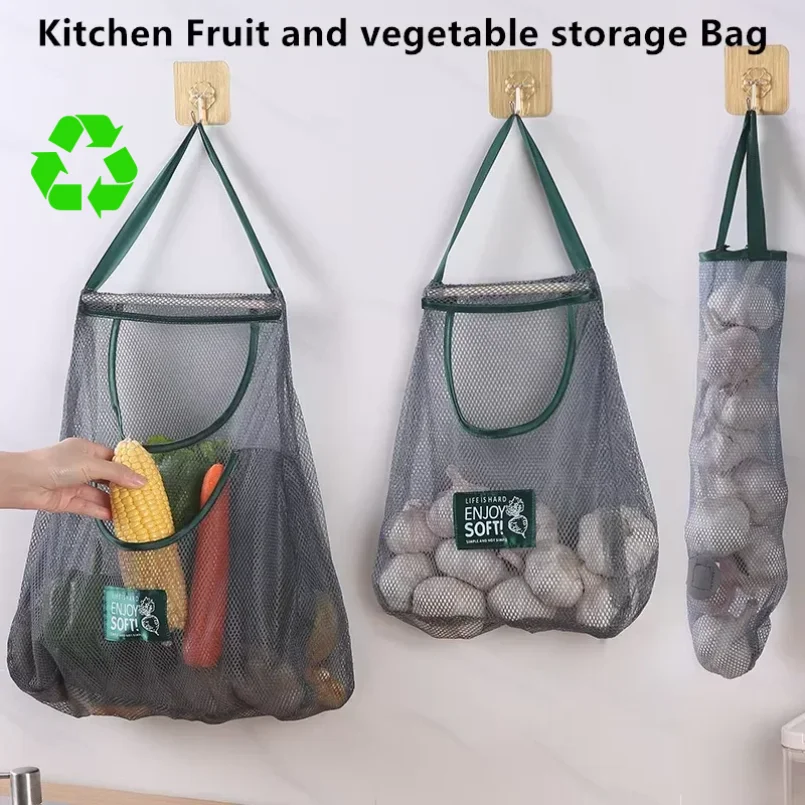 

2pcs Reusable Storage Bags Kitchen Hanging Mesh Bag Home Fruit And Vegetable Storage Net Bag For Ginger Garlic Potatoes Onions