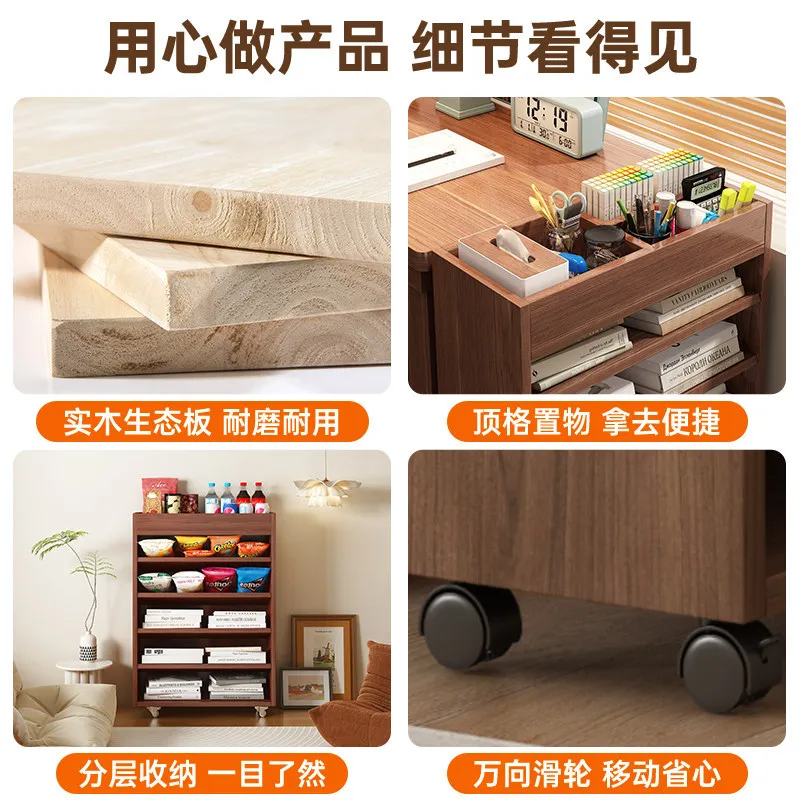 Solid wood bookshelf beside desk, floor-standing storage rack, mobile display rack for home use, living room storage rack, stora
