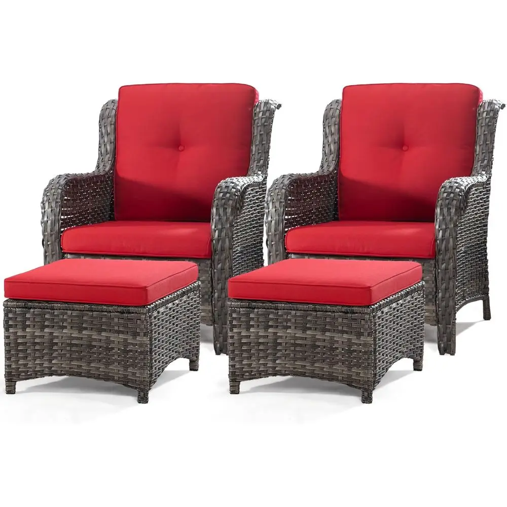 

Комплект садовой мебели из 4 предметов: 2 плетеных кресла и 2 пуфа для патио, двора, веранды, балкона (смешанный серый/красный)