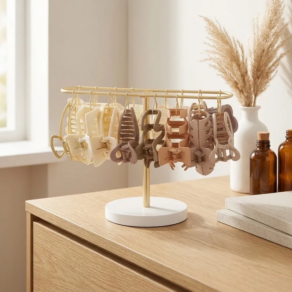 Elegant Gold Claw Clip Organizer with 16 Metal Hooks for Hair Clips Hair Ties and Accessories Storage Display Stand