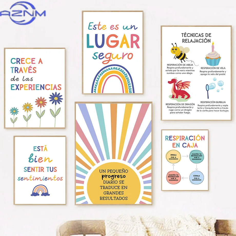 AZNM Spanish Education Motto Rainbow Sunshine Wall Art Canvas Painting Nordic Posters And Prints Cartoon Picture Baby Kids Room