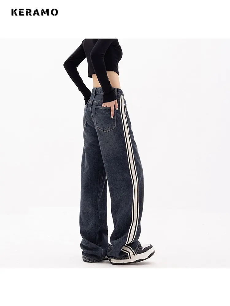 Imagem -03 - American Street Estilo Grunge Perna Larga Cintura Elástica Calças Jeans Retas Mulheres Y2k Cintura Alta Calças Jeans Baggy Sweatpants