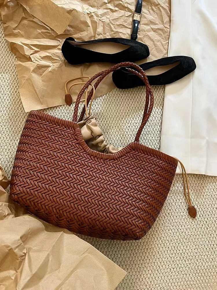 

Handwoven Leather Basket Bag Tote Single oulder Handbag Casual Vaion Faion Spring Summer Soft Cowhide Leather Bag