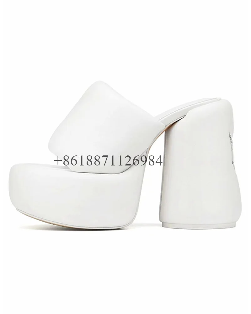 Genuine Leather Outdoor Platform Round Toe Women Slippers Chunky Super High Heels Slip On Design Large Size Shoes