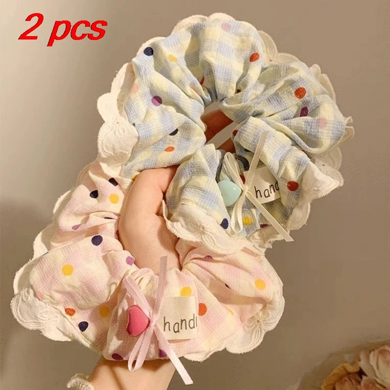 

2 Pcs Women's Hair Scrunchies Set Sweet Korean Colorful Polka Dot Plaid Lace Elastic Hair Bands Kawaii Hair Accessories For Girl